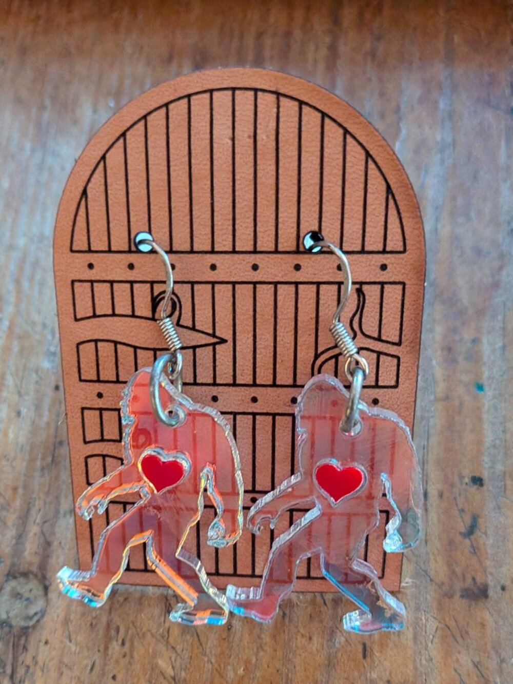 Iridescent Bigfoot Sasquatch with Red Hear Earrings NWT